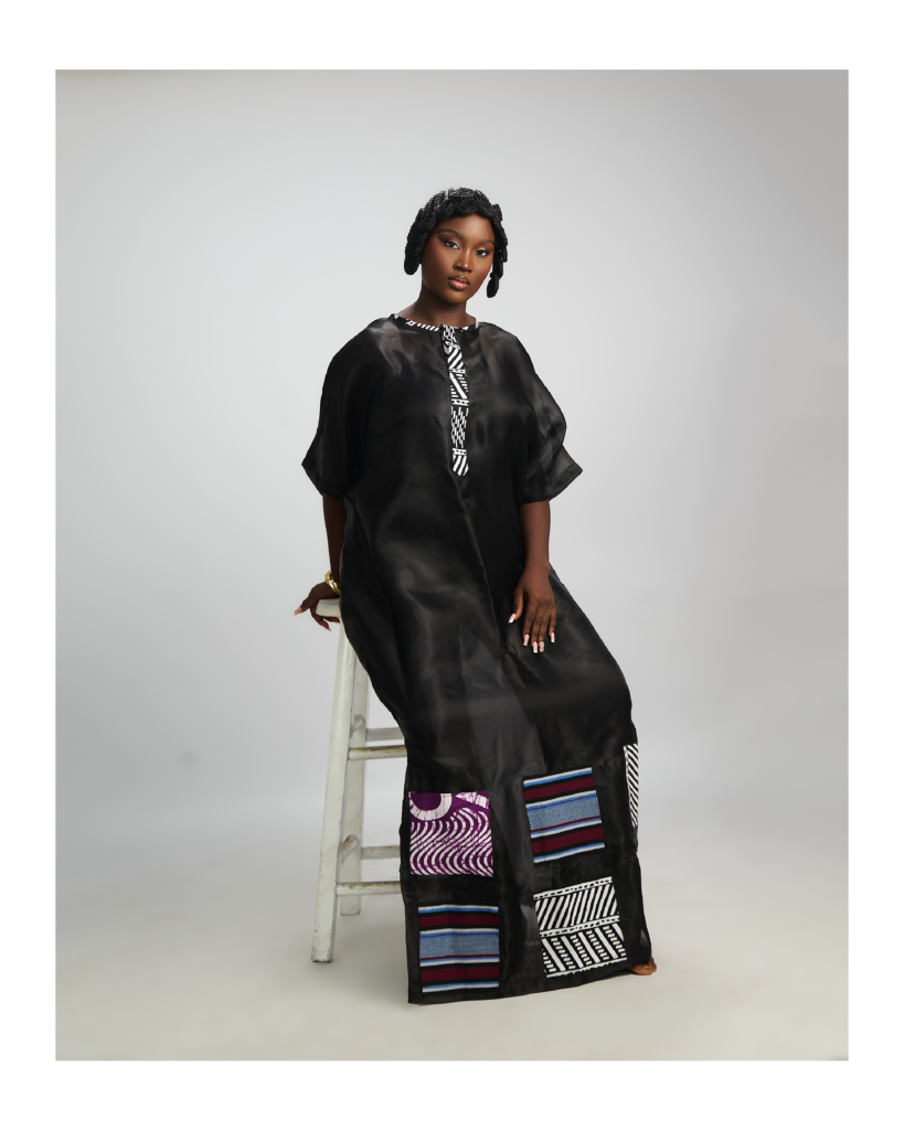 female kaftan with inner designed with aso oke